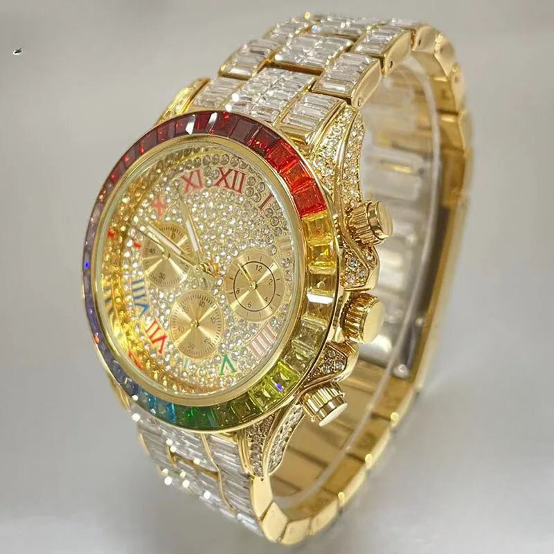 Gold Hip Hop Watch for Men - Iced Out Rainbow Diamond Waterproof Timepiece