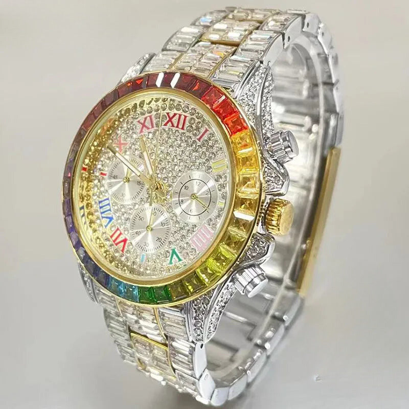 Gold Hip Hop Watch for Men - Iced Out Rainbow Diamond Waterproof Timepiece