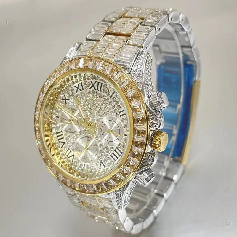 Gold Hip Hop Watch for Men - Iced Out Rainbow Diamond Waterproof Timepiece