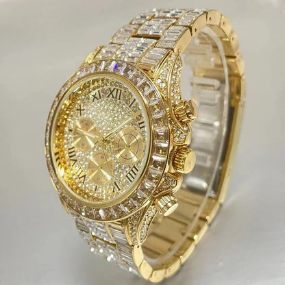 Gold Hip Hop Watch for Men - Iced Out Rainbow Diamond Waterproof Timepiece