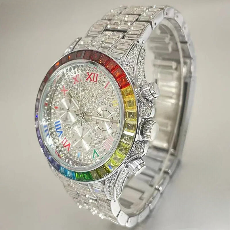 Gold Hip Hop Watch for Men - Iced Out Rainbow Diamond Waterproof Timepiece