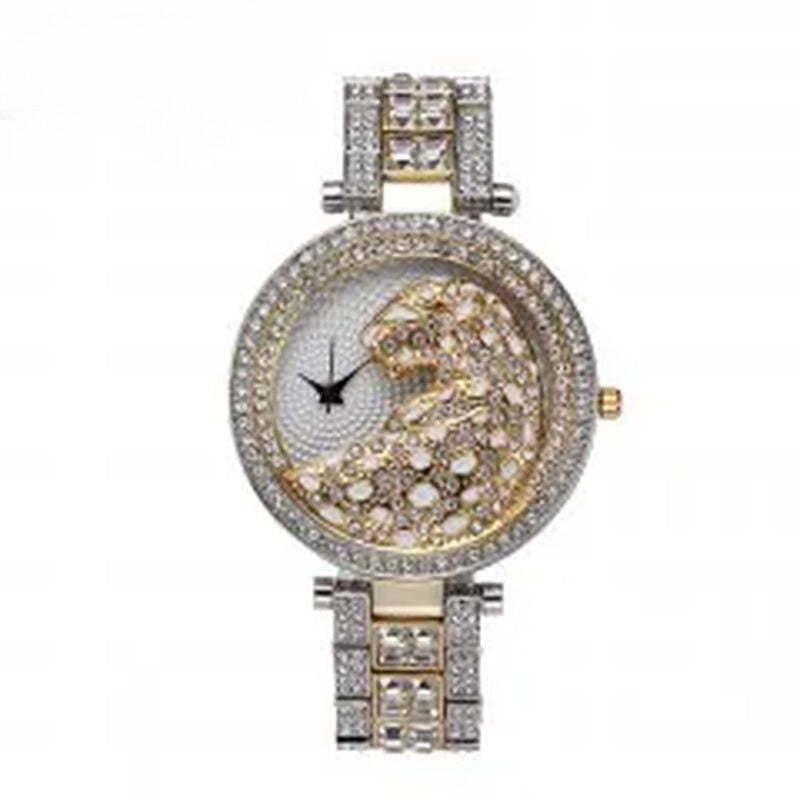 Elegant Women's Quartz Watch - Gold Bling Fashion Ladies Watch with Crystal Diamond Leopard Design