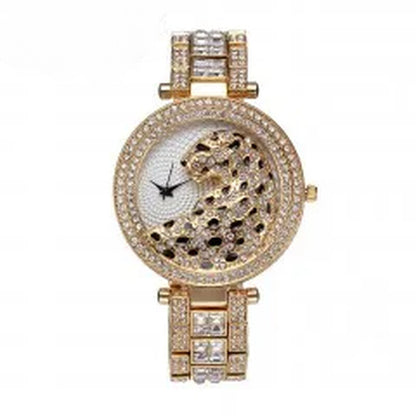 Elegant Women's Quartz Watch - Gold Bling Fashion Ladies Watch with Crystal Diamond Leopard Design