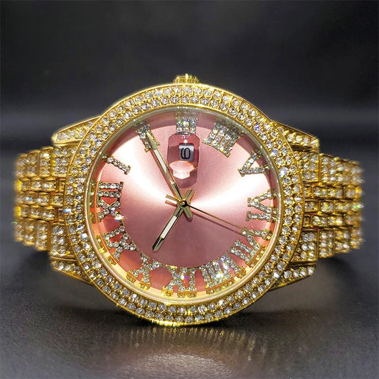 Iced Out Drop Diamond Luxury Watch for Women – Pink Party Dress Watch