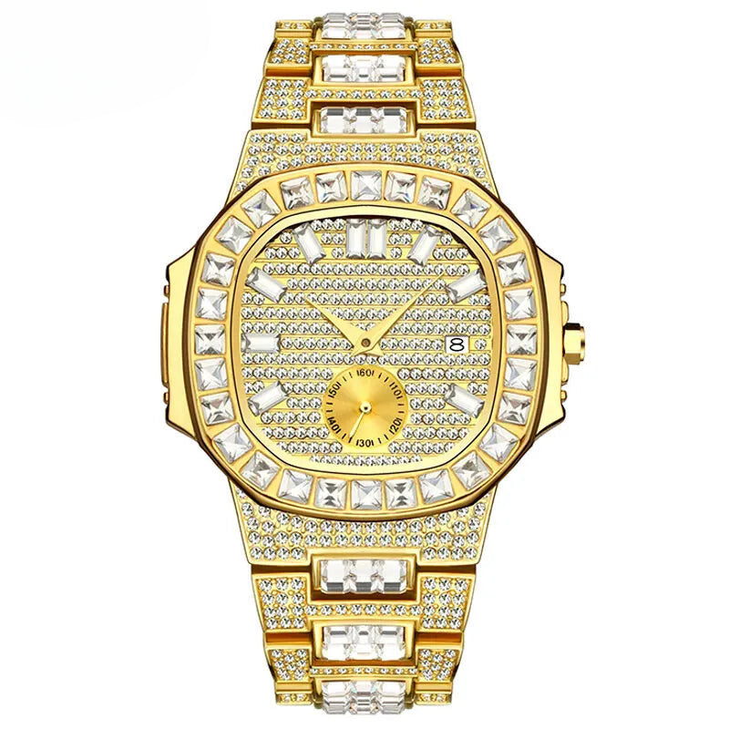 Luxury Men Watch Gold 18K Model Fully Paved Baguette Diamond Mens Watches Waterproof Calendar Male Clock Hours