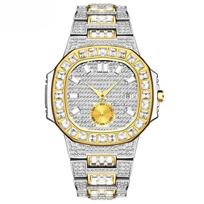 Luxury Men Watch Gold 18K Model Fully Paved Baguette Diamond Mens Watches Waterproof Calendar Male Clock Hours