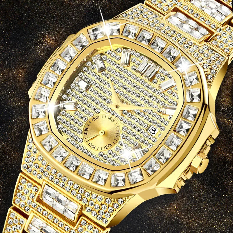 Luxury Men Watch Gold 18K Model Fully Paved Baguette Diamond Mens Watches Waterproof Calendar Male Clock Hours