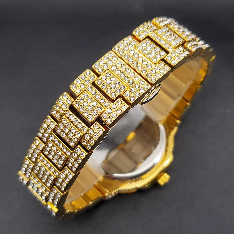 Gold Men's Diamond Iced Out Hip Hop Quartz Watch – Double Dial Heavy Waterproof