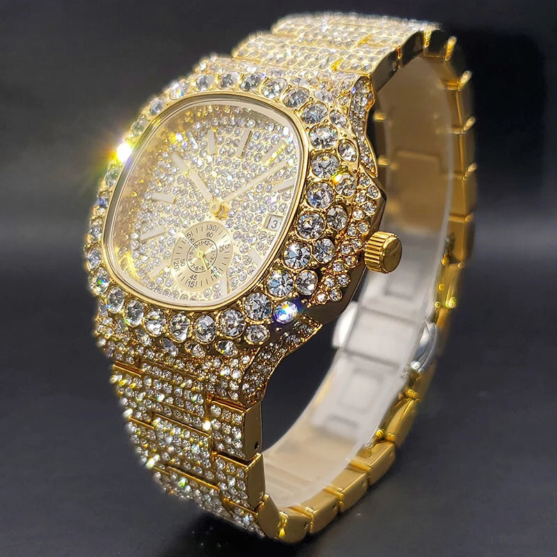 Gold Men's Diamond Iced Out Hip Hop Quartz Watch – Double Dial Heavy Waterproof