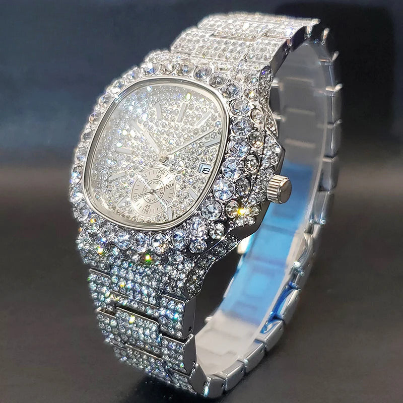 Gold Men's Diamond Iced Out Hip Hop Quartz Watch – Double Dial Heavy Waterproof