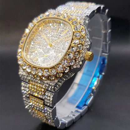 Gold Men's Diamond Iced Out Hip Hop Quartz Watch – Double Dial Heavy Waterproof