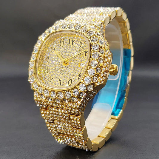 Gold Men's Diamond Iced Out Hip Hop Quartz Watch – Double Dial Heavy Waterproof