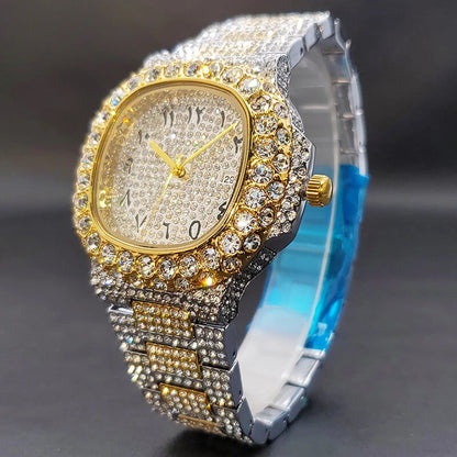 Gold Men's Diamond Iced Out Hip Hop Quartz Watch – Double Dial Heavy Waterproof