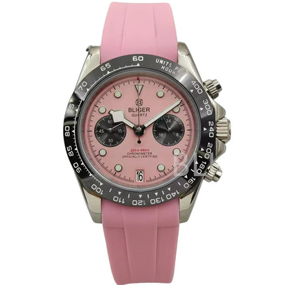 Quartz Chronograph Men’s Watch with Pink Dial & Sapphire Glass – Luminous, Waterproof, Rubber Strap