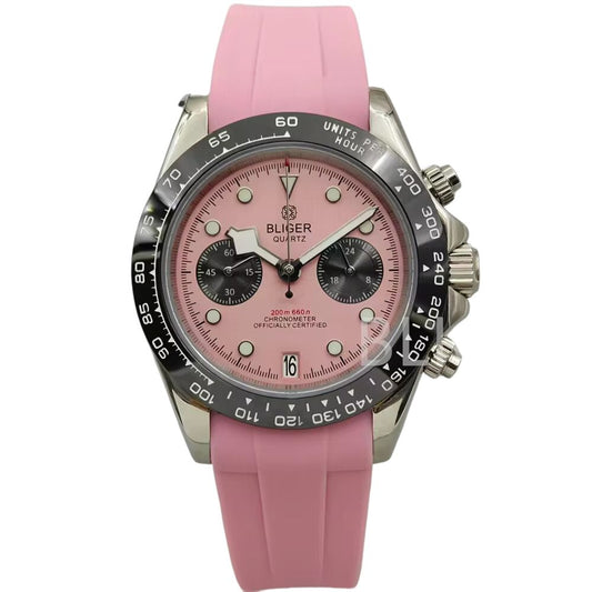 Quartz Chronograph Men’s Watch with Pink Dial & Sapphire Glass – Luminous, Waterproof, Rubber Strap