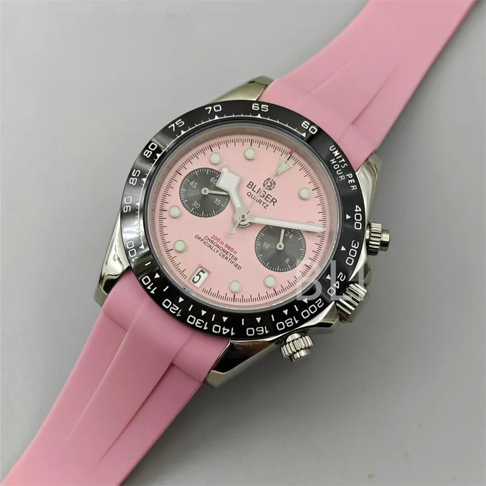 Quartz Chronograph Men’s Watch with Pink Dial & Sapphire Glass – Luminous, Waterproof, Rubber Strap