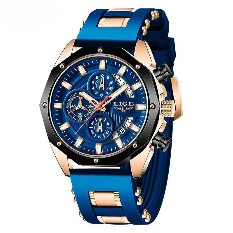 Men's Blue Silicone Military Sport Chronograph Watch – Luxury Waterproof Timepiece