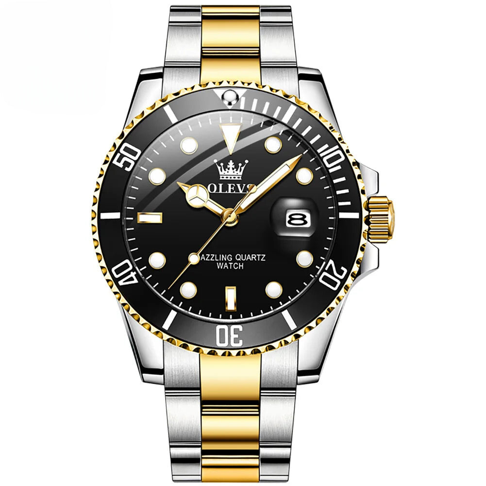 Men's OLEVS Luxury Quartz Watch – One-Way Rotating Bezel, Auto Date, Waterproof Design