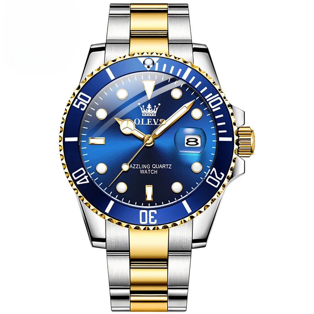 Men's OLEVS Luxury Quartz Watch – One-Way Rotating Bezel, Auto Date, Waterproof Design