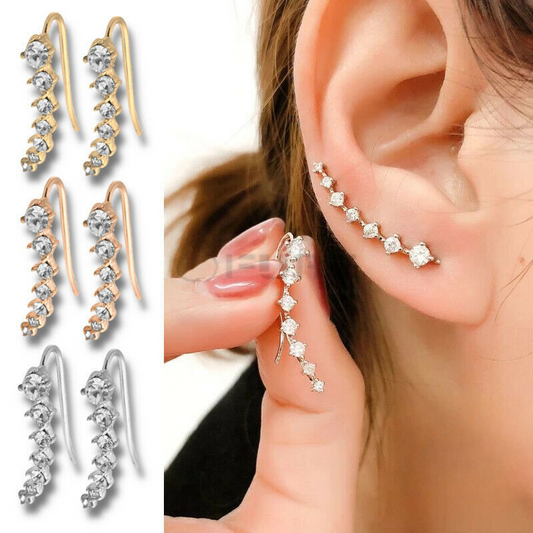 Long Bar Ear Cuff Climber CZ Stud Earrings 925 Sterling Silver 