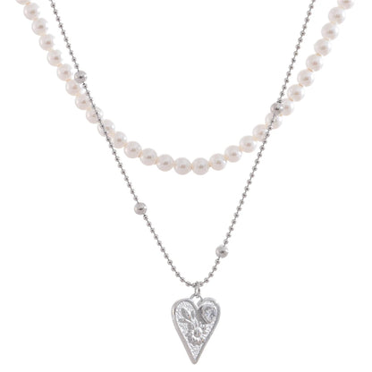 Elegant Simulated Pearls Beads Double-Layer Chain Heart Love Drop Necklace Stainless Steel Handmade Collar Jewelry New