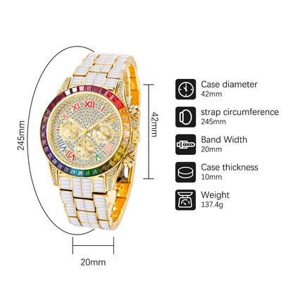 Gold Hip Hop Watch for Men - Iced Out Rainbow Diamond Waterproof Timepiece