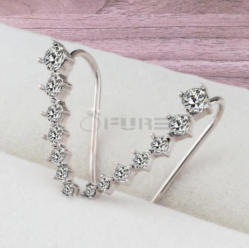 Long Bar Ear Cuff Climber CZ Stud Earrings 925 Sterling Silver 