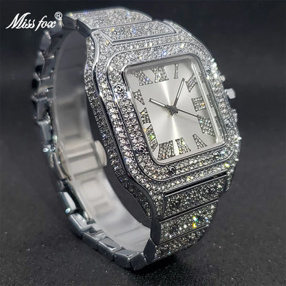 Luxury Miss Fox Square Diamond Watch for Men - Limited Ice Gray Edition Designer Quartz Wristwatch