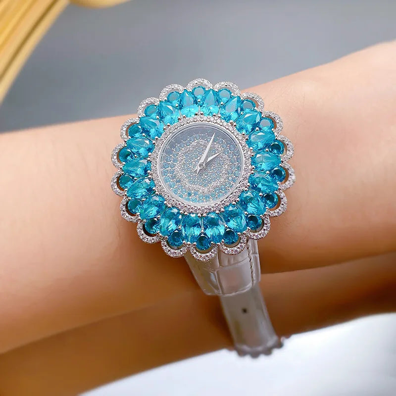 ZOCA 925 Sterling Silver Watch Luxury Bling High Quality Paraiba Turmaline Gemstones Watch Bracelets for Women Clock