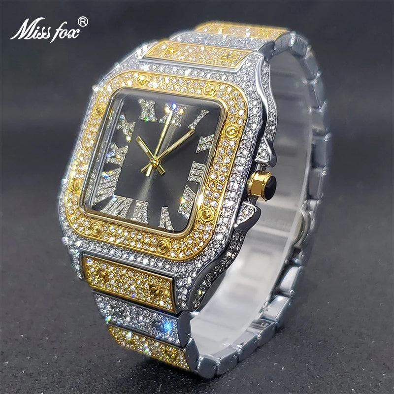 Luxury Miss Fox Square Diamond Watch for Men - Limited Ice Gray Edition Designer Quartz Wristwatch