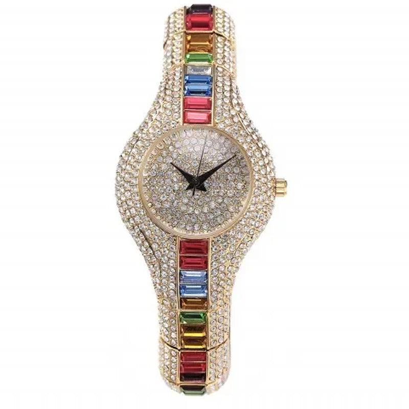 Luxury Rainbow Diamond Women's Watch – Iced Out Fashion Quartz Wristwatch