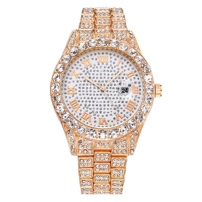 Men Women Watch Luxury Date Quartz Bling Full Rhinestones Watches Cuban Hand Chain Fashion Jewelry