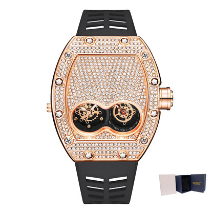 es Luxury Iced Out Diamond Stainless Steel Quartz Wristwatches Silicone Strap Tonneau Clock Relogio Masculino