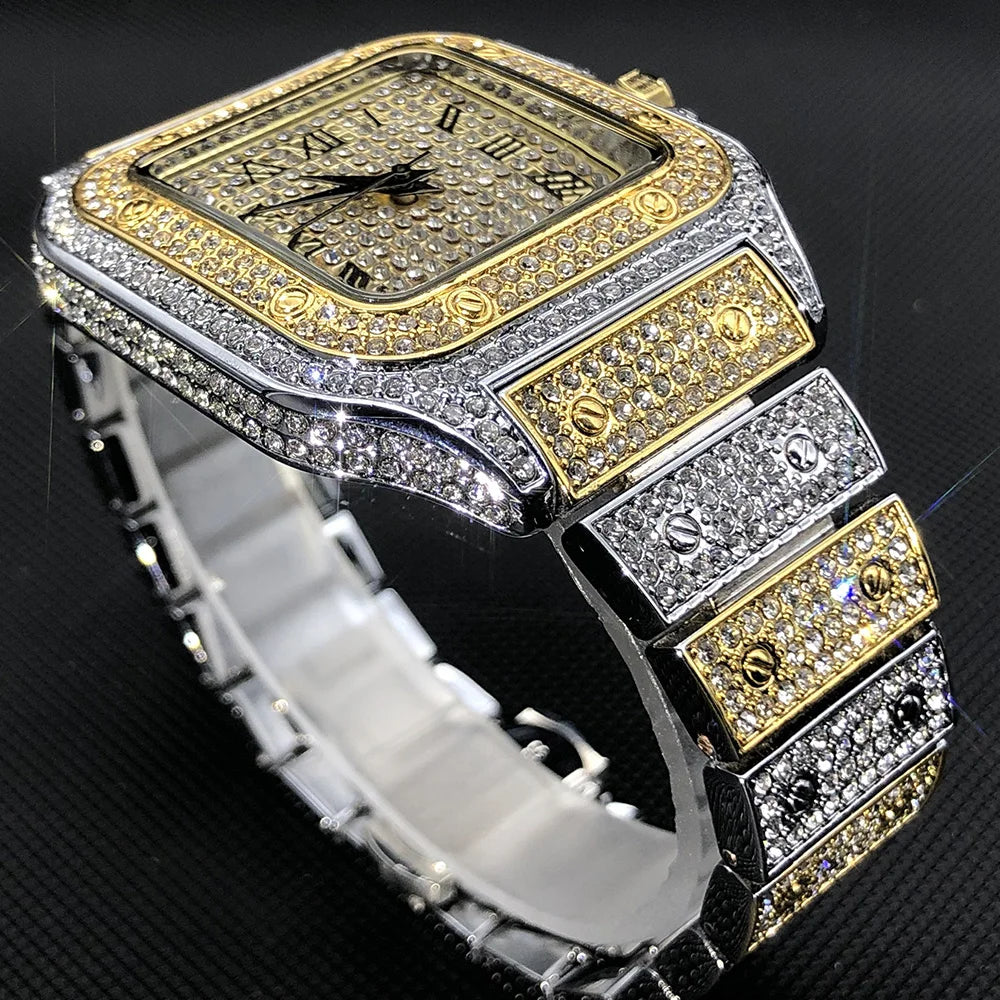 White Gold Men Watches Top Brand Luxury Full Diamond Square Quartz Male Watch Hip Hop Ice Out Waterproof Clock Gift 2021