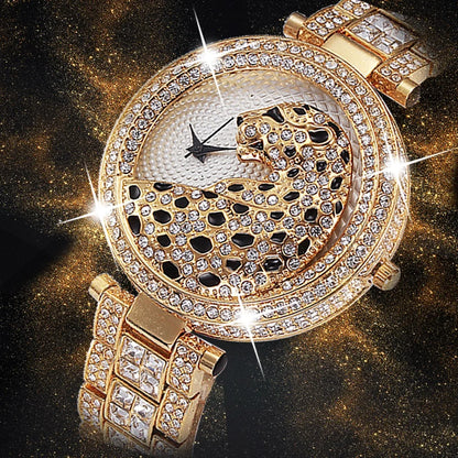 Elegant Women's Quartz Watch - Gold Bling Fashion Ladies Watch with Crystal Diamond Leopard Design