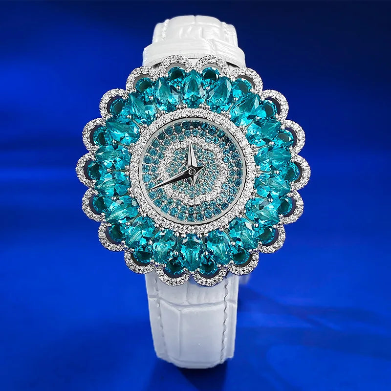 ZOCA 925 Sterling Silver Watch Luxury Bling High Quality Paraiba Turmaline Gemstones Watch Bracelets for Women Clock