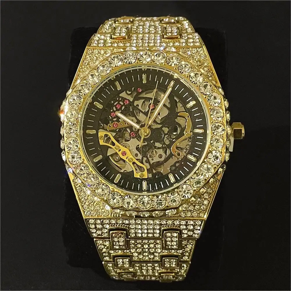 Luxury Automatic Mechanical Watch Men Hip Hop Brand  Steel Full Iced Diamond Jewelry Gold Wristwatch Fashion Man 2023 New