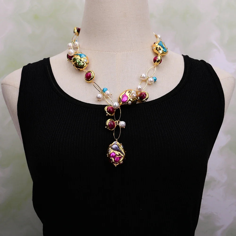 G-G 22" Natural Freshwater White Pearl Colorful Keshi Sea Shell Gold Edge Plated Rose Tiger Eye Chain Necklace Pendant