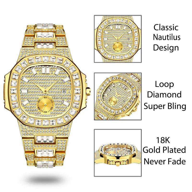 Luxury Men Watch Gold 18K Model Fully Paved Baguette Diamond Mens Watches Waterproof Calendar Male Clock Hours