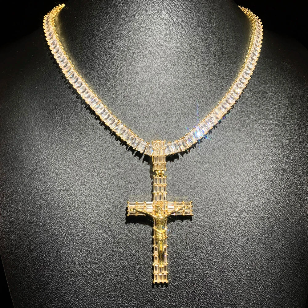 Iced Out Jesus Cross Pendant Necklace - Luxury Bling Tennis Chain with 5A Geometric Zircon