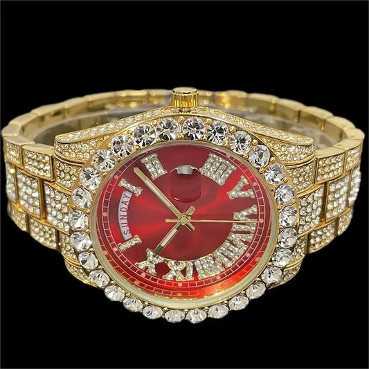 Miss Fox Hip Hop 18K Gold Men's Watch - Luxury Full Diamond Iced Out Automatic Date & Week AAA Timepiece