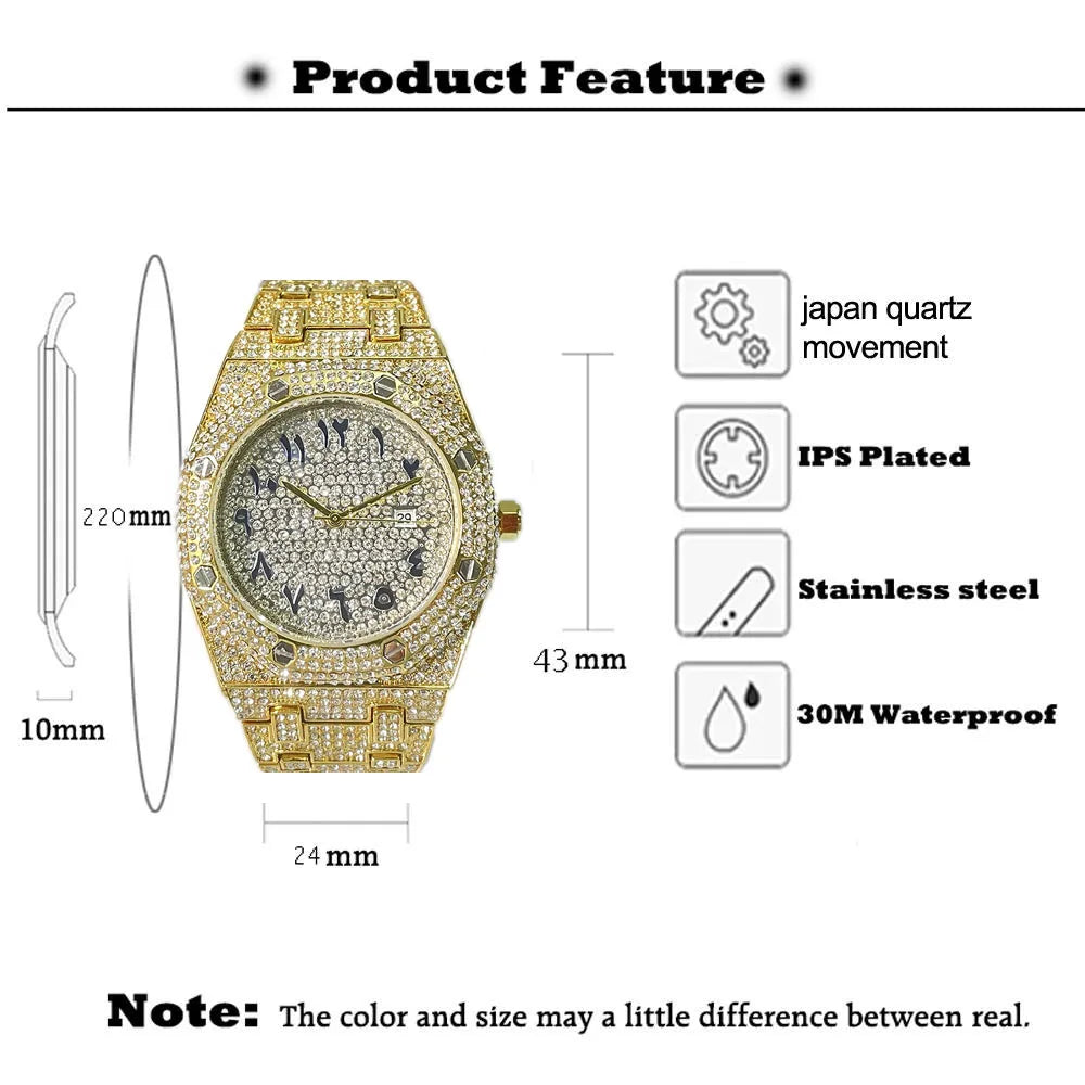 Luxury Fashion Hip Hop Watch for Men - Iced Diamond Waterproof AAA Quartz Wristwatch