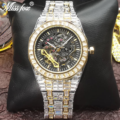 Luxury Fashion Gold & Silver Hollow Automatic Men's Watch – Iced Out Diamond Mechanical Waterproof Wristwatch