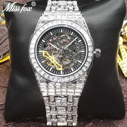 Luxury Fashion Gold & Silver Hollow Automatic Men's Watch – Iced Out Diamond Mechanical Waterproof Wristwatch