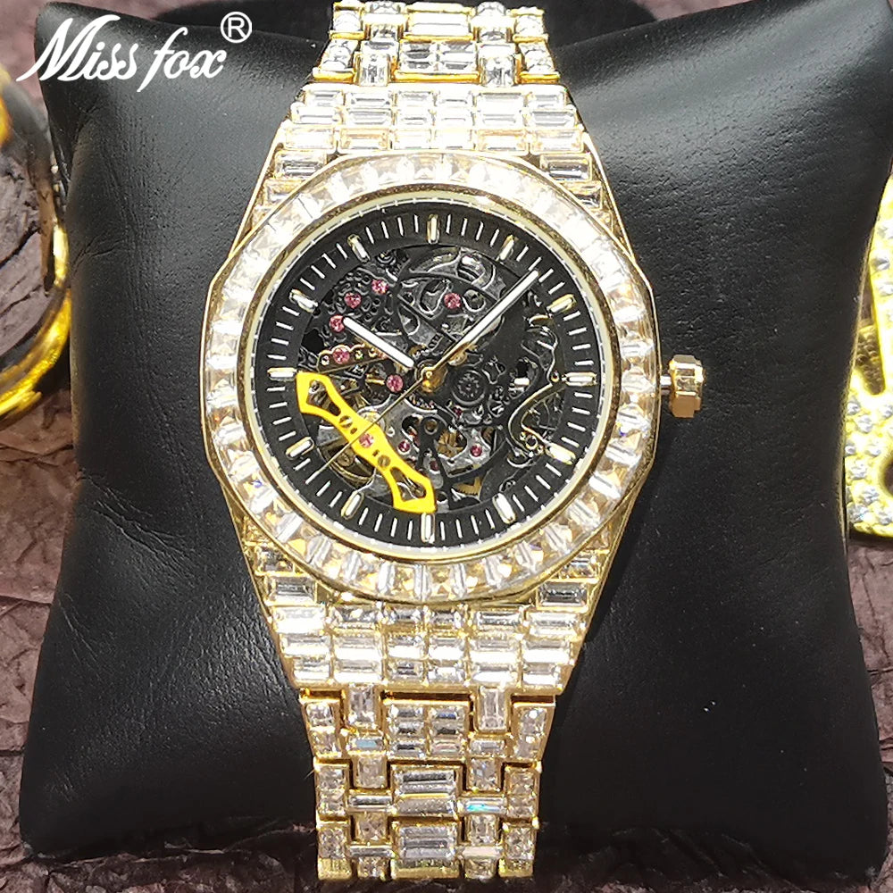 Luxury Fashion Gold & Silver Hollow Automatic Men's Watch – Iced Out Diamond Mechanical Waterproof Wristwatch