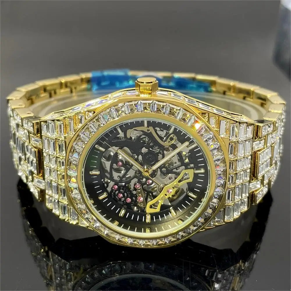 Luxury Fashion Gold & Silver Hollow Automatic Men's Watch – Iced Out Diamond Mechanical Waterproof Wristwatch