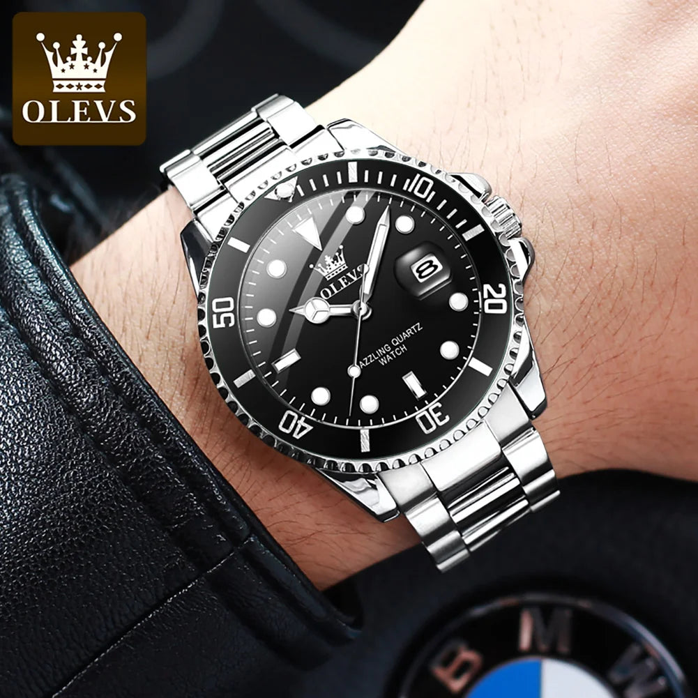 Men's OLEVS Luxury Quartz Watch – One-Way Rotating Bezel, Auto Date, Waterproof Design