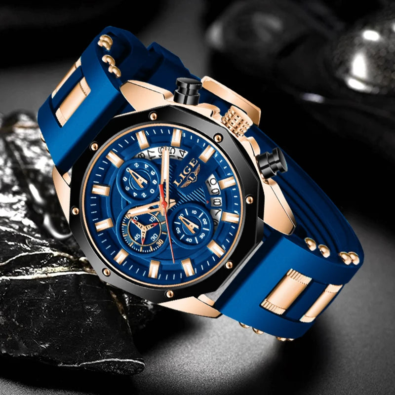 Men's Blue Silicone Military Sport Chronograph Watch – Luxury Waterproof Timepiece