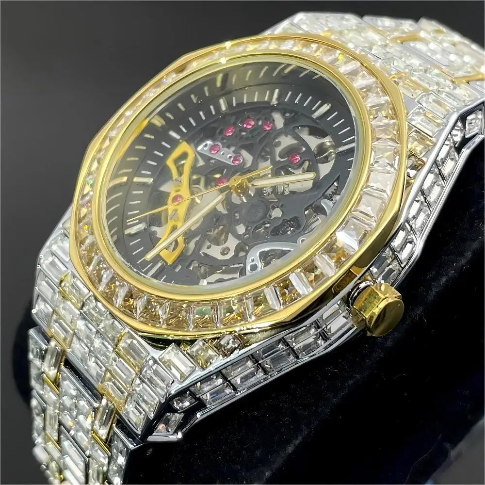 Luxury Fashion Gold & Silver Hollow Automatic Men's Watch – Iced Out Diamond Mechanical Waterproof Wristwatch