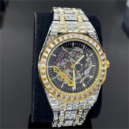 Luxury Fashion Gold & Silver Hollow Automatic Men's Watch – Iced Out Diamond Mechanical Waterproof Wristwatch